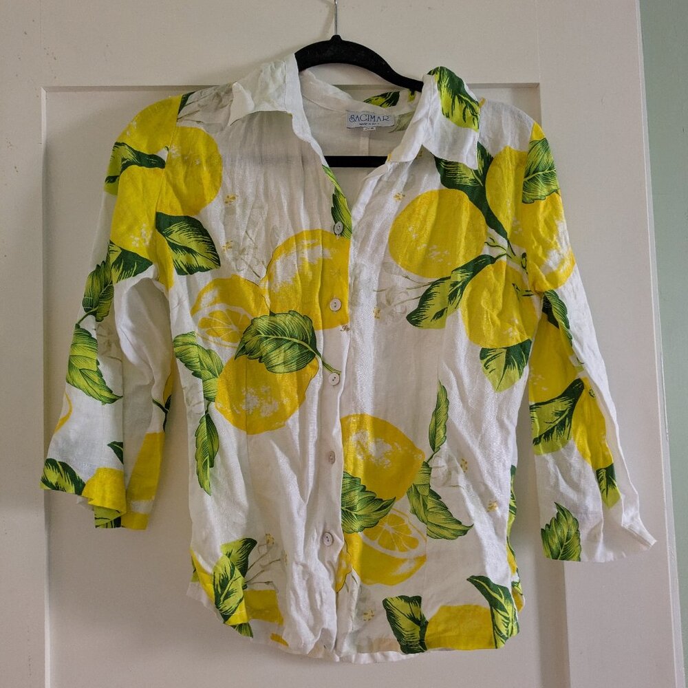 Vintage Italian Lemon Print Linen Collared Button Up Shirt
